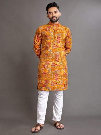 DESIGNER SOFT COTTOM FOIL PRINT WORK MEN'SKURTA WITH PAYJAMA YELLOW