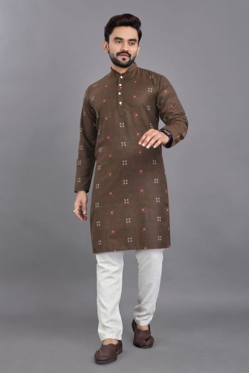 TRADITIONAL COTTON JACQUARD WORK MEN'S WEAR  KURTA WITH PAYJAMA BROWN