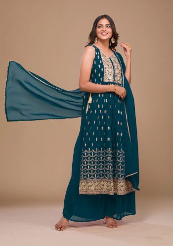 DESIGNER GEROGETTE EMBROIDERY SEQUENCE WORK TOP PALAZZO WITH DUPATTA TEAL