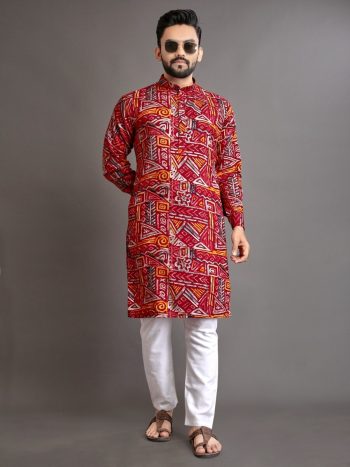 DESIGNER SOFT COTTOM FOIL PRINT WORK MEN'SKURTA WITH PAYJAMA RED