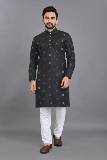 TRADITIONAL COTTON JACQUARD WORK MEN'S WEAR  KURTA WITH PAYJAMA BLACK