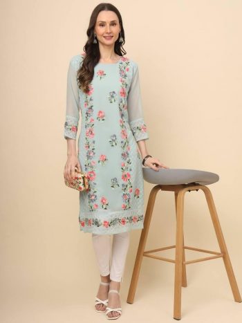 DESIGNER GEORGETTE CHICKANKARI WORK ONLY KURTI SEA GREEN