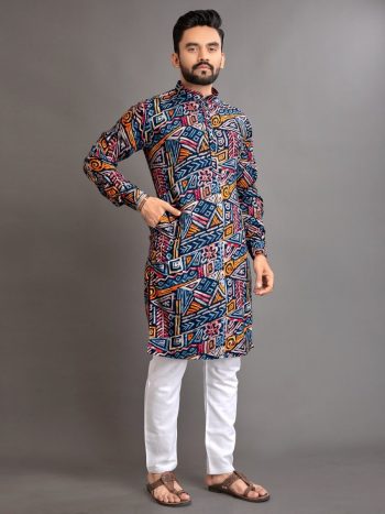 DESIGNER SOFT COTTOM FOIL PRINT WORK MEN'SKURTA WITH PAYJAMA BLUE