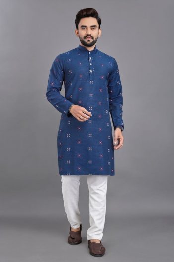 TRADITIONAL COTTON JACQUARD WORK MEN'S WEAR  KURTA WITH PAYJAMA BLUE
