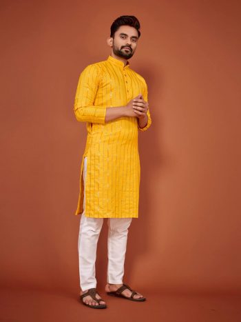 NEW ARRIVAL SOFT COTTON SILK MEN KURTA PAYJAMA  YELLOW