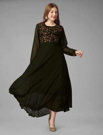 DESIGNER GEORGETTE EMBRODERY SEQUENCE WORK ONLY GOWN DARK GREEN