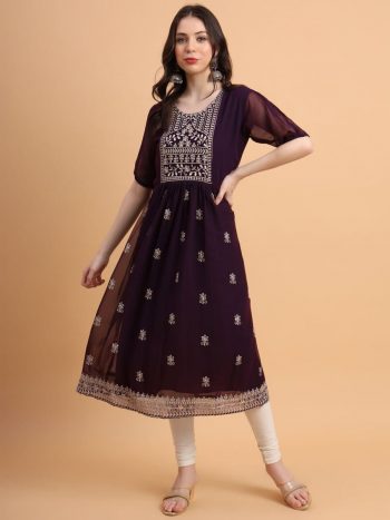 DESIGNER GEORGETTE EMBROIDERY CHIKANKARI WORK ONLY KURTI WINE