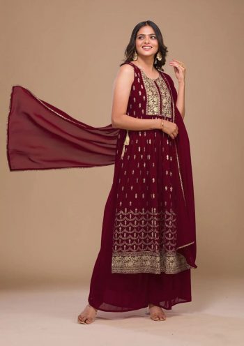 DESIGNER GEROGETTE EMBROIDERY SEQUENCE WORK TOP PALAZZO WITH DUPATTA MAROON