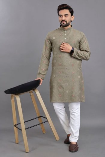 TRADITIONAL COTTON JACQUARD WORK MEN'S WEAR  KURTA WITH PAYJAMA GREY