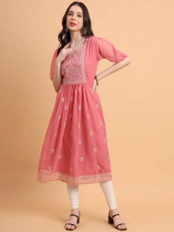 DESIGNER GEORGETTE EMBROIDERY CHIKANKARI WORK ONLY KURTI PINK