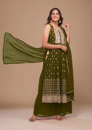 DESIGNER GEROGETTE EMBROIDERY SEQUENCE WORK TOP PALAZZO WITH DUPATTA OLIVE