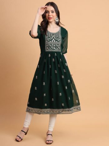 DESIGNER GEORGETTE EMBROIDERY CHIKANKARI WORK ONLY KURTI GREEN