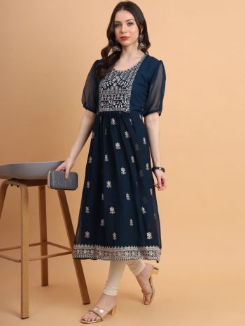 DESIGNER GEORGETTE EMBROIDERY CHIKANKARI WORK ONLY KURTI BLUE
