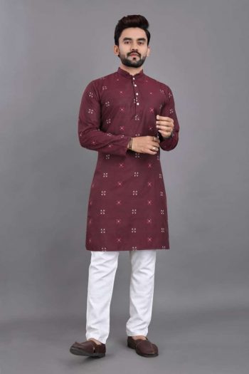 TRADITIONAL COTTON JACQUARD WORK MEN'S WEAR  KURTA WITH PAYJAMA MAROON