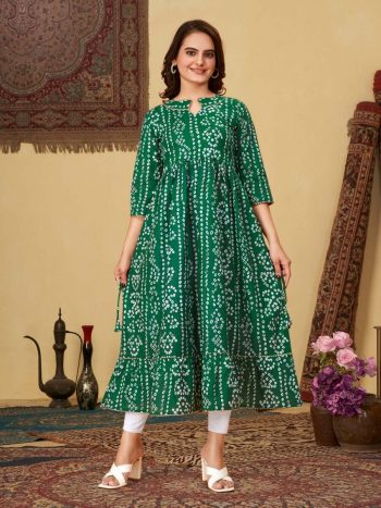 ATTRACTIVE COTTON BANDHANI PRINT WORK ANARKALI WITH PANT GREEN