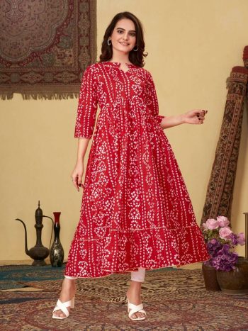 ATTRACTIVE COTTON BANDHANI PRINT WORK ANARKALI WITH PANT RED