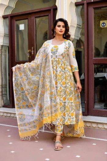 ATTRACTIVE COTTON BLEND PRINTED TOP BOTTOM WITH DUPATTA YELLOW
