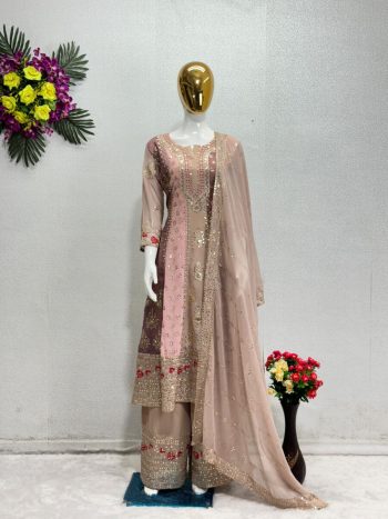 ATTRACTIVE GEORGETTE EMBROIDERY SEQUENCE WORK TOP PALAZZO WITH DUPATTA CREAM