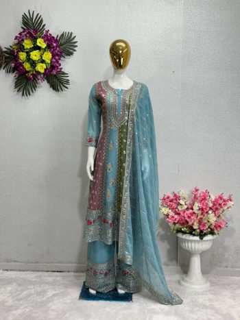 ATTRACTIVE GEORGETTE EMBROIDERY SEQUENCE WORK TOP PALAZZO WITH DUPATTA  SKY