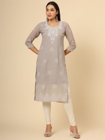 ATTRACTIVE GEORGETTE LUCKNOAWI CHICKENKARI WORK ONLY KURTI GREY