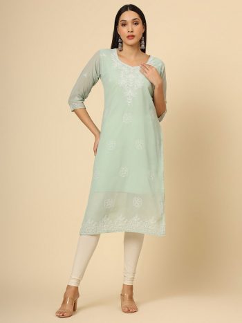 ATTRACTIVE GEORGETTE LUCKNOAWI CHICKENKARI WORK ONLY KURTI SEA GREEN