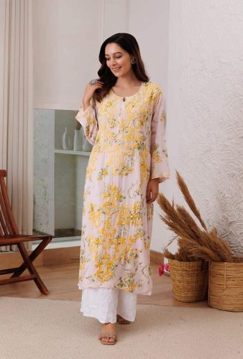 ATTRACTIVE GEORGETTE PRINT EMBROIDERY WORK TOP WITH PALAZZO WHITE WITH YELLOW
