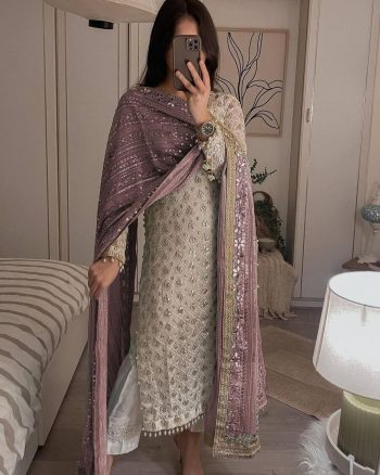 ATTRACTIVE GEORGETTE SEQUENCE EMBROIDERY WORK TOP PANT WITH DUPATTA ONION