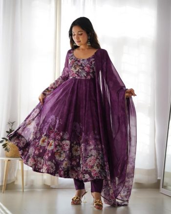 ATTRACTIVE ORGANZA BEAUTIFUL PRINT WORK GOWN BOTTOM WITH DUPATTA WINE