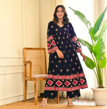 ATTRACTIVE RAYON BEAUTIFUL PRINT WORK READY TO WEAR ANARKALI DRESS NAVY BLUE