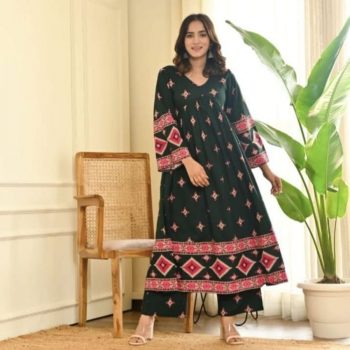 ATTRACTIVE RAYON BEAUTIFUL PRINT WORK READY TO WEAR ANARKALI DRESS GREEN