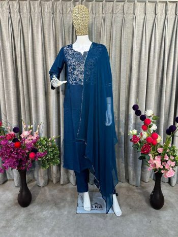 ATTRACTIVE RAYON EMBROIDERY DESIGN WORK KURTI PANT WITH DUPATTA TEAL COLOR