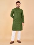 ATTRACTIVE SOFT COTTON EMBROIDERY MIRROR WORK MENS KURTA WITH PAJAMA FESTIVAL WEAR WHOLESALE PRICE ETHNIC GARMENT (2)