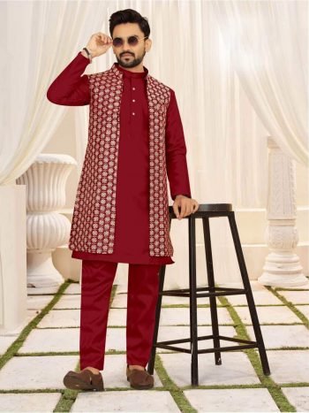DESIGNER BANGLORI SILK EMBROIDERY SEQUENCE WORK KURTA KOTI WITH PAYJAMA RED