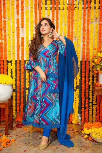PARTY WEAR CHIFFON DIGITAL PRINT WORK GOWN BOTTOM WITH DUPATTA