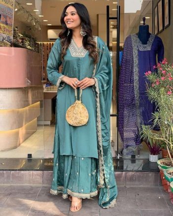 DESIGNER CHINON EMBROIDERY LACE WORK TOP PALAZZO WITH DUPATTA SKY