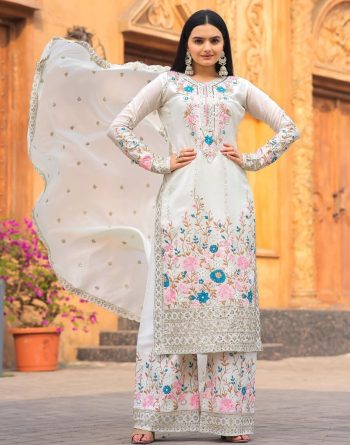 DESIGNER CHINON EMBROIDERY SEQUENCE DIAMOND HAND WORK TOP PALAZZO WITH DUPATTA  WHITE