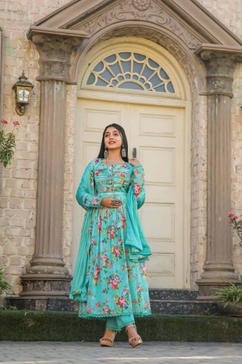 DESIGNER CHINON PRINT WORK WITH NECK PATTERN GOWN BOTTOM WITH DUPATTA SEA GREEN