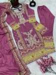 DESIGNER CHINON SILK EMBROIDERY CODING WORK TOP BOTTOM WITH DUPATTA FESTIVAL WEAR WHOLESALE PRICE ETHNIC GARMENT (1)