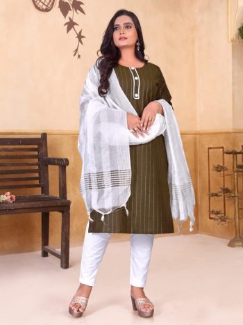 DESIGNER COTOTN SILVAR WEAVING WORK KURTI PANT WITH DUPATTA OLIVE