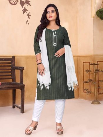 DESIGNER COTOTN SILVAR WEAVING WORK KURTI PANT WITH DUPATTA MEHNDI