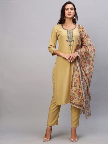 DESIGNER COTTON BLEND EMBROIDERY WORK TOP PANT WITH DUPATTA CHIKU CHIKU