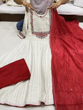DESIGNER COTTON EMBROIDERY SEQUENCE WORK GOWN BOTTOM WITH DUPATTA WHITE WITH RED