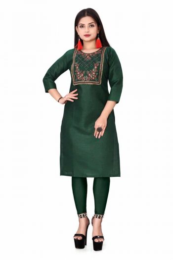DESIGNER COTTON EMBROIDERY WORK ONLY KURTI GREEN