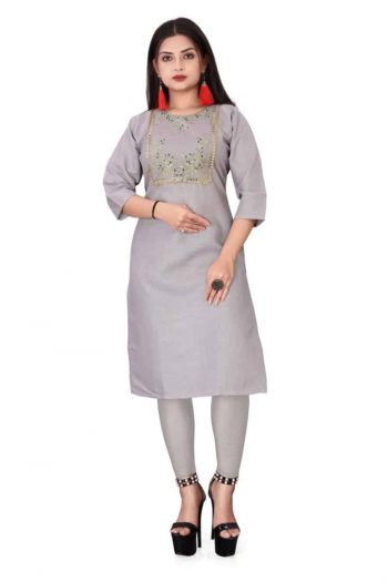 DESIGNER COTTON EMBROIDERY WORK ONLY KURTI GREY