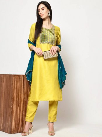 DESIGNER COTTON EMBROIDERY WORK TOP BOTTOM WITH DUPATTA YELLOW