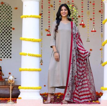 DESIGNER COTTON PLAIN KURTI BOTTOM WITH PRINTED DUPATTA GREY