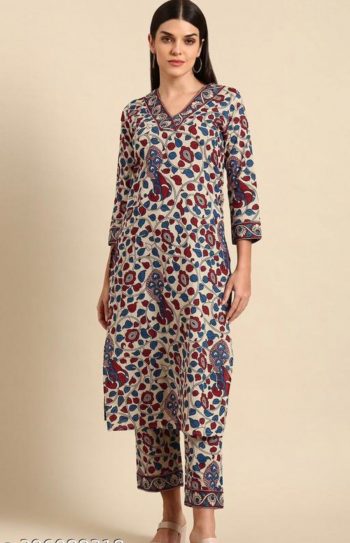 DESIGNER COTTON PRINT WORK KURTI WITH PANT GREY