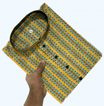 DESIGNER COTTON PRINTED MEN'S WEAR KURTA WITH PAYJAMA MUSTARD