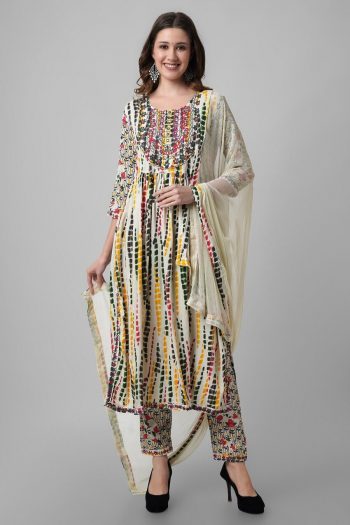 DESIGNER COTTON RAYON EMBROIDERY WORK NAYRA CUT KURTI PENT WITH DUPATTA  CREAM