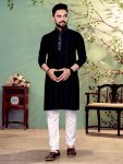 DESIGNER COTTON SEQUENCE WORK MEN'S KURTA WITH PAYJAMA BLACK